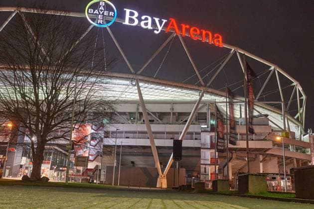 Leverkusen, Germany - 16 March 2022: Photo of BayArena, home stadium of football club Bayer Leverkusen before match of UEFA Europa League Copyright: xVITALIIxKLIUIEVx
