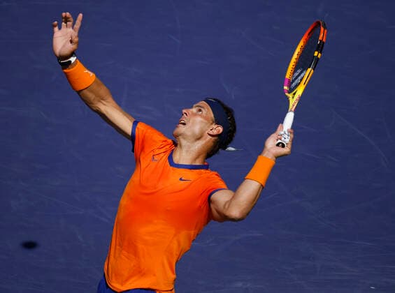 March 16, 2022 Rafael Nadal of Spain serves against Reilly Opelka during the 2022 BNP Paribas Open at Indian Wells Tennis Garden in Indian Wells, California. Mandatory Photo Credit: CSM. Indian Wells United States of America - ZUMAc04_ 20220316_zaf_c04_089 Copyright: xCharlesxBausx