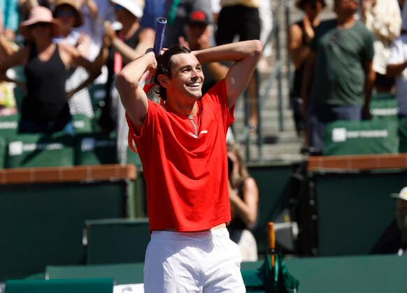 March 16, 2022 Taylor Fritz reacts to winning his match against Alex De Minaur of Australia during the 2022 BNP Paribas Open at Indian Wells Tennis Garden in Indian Wells, California. Mandatory Photo Credit: CSM. Indian Wells United States of America - ZUMAc04_ 20220316_zaf_c04_118 Copyright: xCharlesxBausx