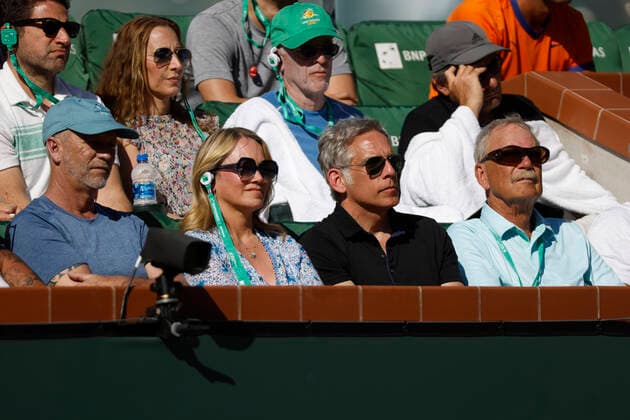 March 16, 2022 Actors Christine Taylor and Ben Stiller in attendance during the match between Rafael Nadal of Spain and Reilly Opelka during the 2022 BNP Paribas Open at Indian Wells Tennis Garden in Indian Wells, California. Mandatory Photo Credit: CSM. Indian Wells United States of America - ZUMAc04_ 20220316_zaf_c04_155 Copyright: xCharlesxBausx