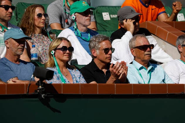 March 16, 2022 Actors Christine Taylor and Ben Stiller in attendance during the match between Rafael Nadal of Spain and Reilly Opelka during the 2022 BNP Paribas Open at Indian Wells Tennis Garden in Indian Wells, California. Mandatory Photo Credit: CSM. Indian Wells United States of America - ZUMAc04_ 20220316_zaf_c04_156 Copyright: xCharlesxBausx