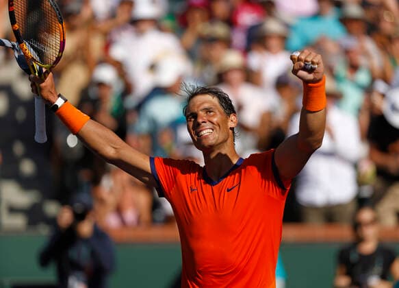 March 16, 2022 Rafael Nadal of Spain celebrates winning his match against Reilly Opelka during the 2022 BNP Paribas Open at Indian Wells Tennis Garden in Indian Wells, California. Mandatory Photo Credit: CSM. Indian Wells United States of America - ZUMAc04_ 20220316_zaf_c04_168 Copyright: xCharlesxBausx