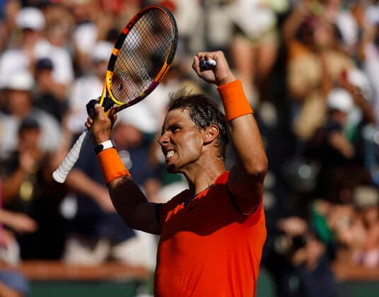 March 16, 2022 Rafael Nadal of Spain celebrates winning his match against Reilly Opelka during the 2022 BNP Paribas Open at Indian Wells Tennis Garden in Indian Wells, California. Mandatory Photo Credit: CSM. Indian Wells United States of America - ZUMAc04_ 20220316_zaf_c04_170 Copyright: xCharlesxBausx