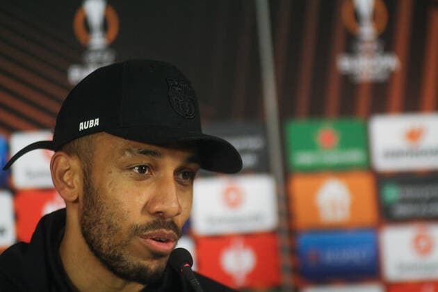 Barcelona press conference, PK, Pressekonferenz Before The Europe League Match Against Galatasaray Pierre Emerick Aubameyang speaking during Barcelona s press conference before the Europe League match against Galatasaray at NEF stadium, in Istanbul, Turkey, on March 16, 2022. Istanbul Turkey  Copyright: xAhmadxMorax originalFilename:mora-notitle220316_np2Dx.jpg