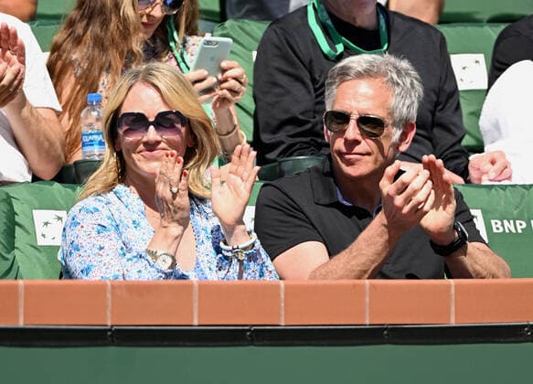 INDIAN WELLS, CA - MARCH 16: Actors Christine Taylor and her husband Ben Stiller applaud from the stands after Rafael Nadal of Spain won a point during a tennis match against Reilly Opelka of the United States played on March 16, 2022 at the BNP Paribas Open at the Indian Wells Tennis Garden in Indian Wells, CA. (Photo by John Cordes Icon Sportswire) TENNIS: MAR 16 BNP Paribas Open Icon506220316001