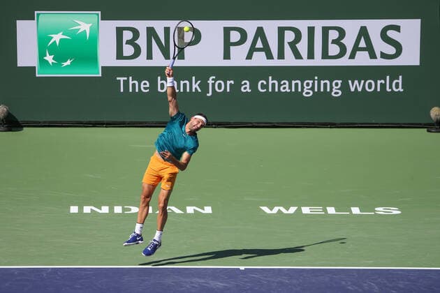 INDIAN WELLS, CA - MARCH 16: Grigor Dimitrov (BUL) serves during the BNP Paribas Open on March 16, 2022 at Indian Wells Tennis Garden in Indian Wells, CA. (Photo by George Walker Icon Sportswire) TENNIS: MAR 16 BNP Paribas Open Icon220316067