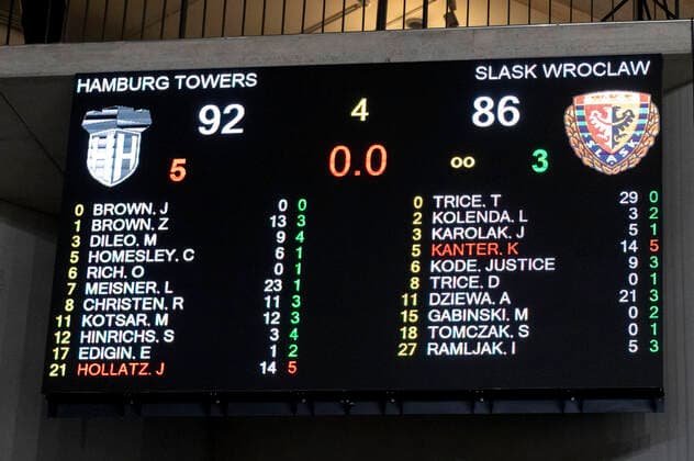 Final score Hamburg Towers vs Slask Wroclaw, basketball, Eurocup, group stage, matchday 15, season 2021 2022, 16 03 2022 Marcel von Fehrn Hamburg Towers vs Slask Wroclaw, basketball, Eurocup, group stage, matchday 15, season 2021 2022, 16 03 2022 Hamburg Copyright: xEibnerxPressefoto MarcelxvonxFehrnx EP_MFN