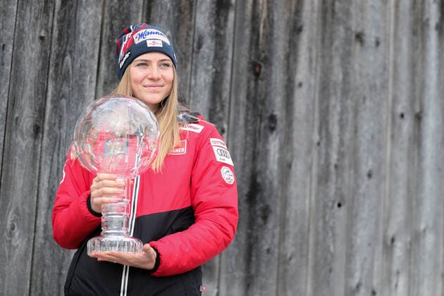 Ski jumping, Skispringen, Ski, nordisch - OESV, photo shooting MARIA ALM,AUSTRIA,17.MAR.22 - NORDIC SKIING, SKI JUMPING - OESV, Oesterreichischer Ski Verband, photo shooting with Sara Marita Kramer. Image shows Sara Marita Kramer (AUT). Keywords: crystal globe.  GEPAxpictures xxDavidxGeieregger