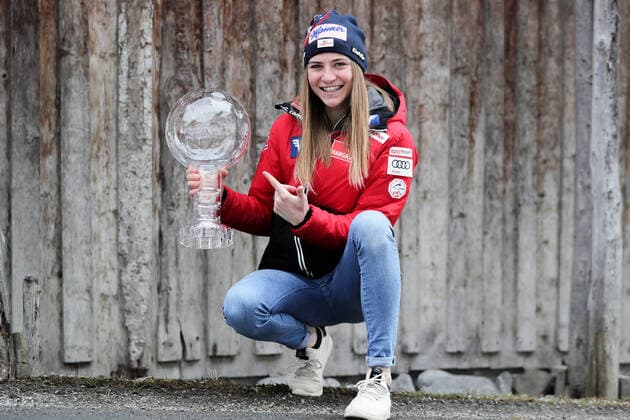 Ski jumping, Skispringen, Ski, nordisch - OESV, photo shooting MARIA ALM,AUSTRIA,17.MAR.22 - NORDIC SKIING, SKI JUMPING - OESV, Oesterreichischer Ski Verband, photo shooting with Sara Marita Kramer. Image shows Sara Marita Kramer (AUT). Keywords: crystal globe.  GEPAxpictures xxDavidxGeieregger