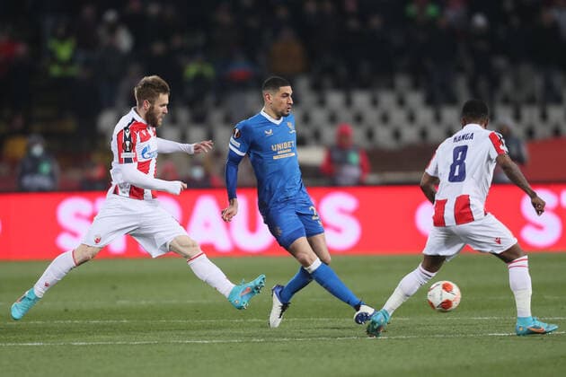 Rangers Leon Balogun vs Aleksandar Katai football Crvena zvezda Red star vs Glasgow Rangers UEFA Europa League match, Rajko Mitic stadium, Belgrade 17.03.2022. Photo: Marko Metlas MN PRESS MarkoxMetlas 