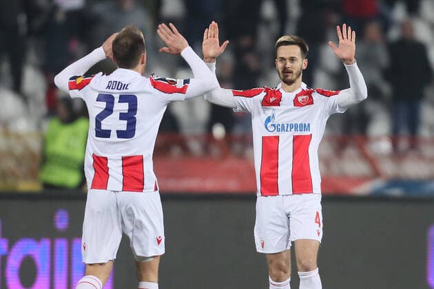 Milan Rodic and Mirko Ivanic football Crvena zvezda Red star vs Glasgow Rangers UEFA Europa League match, Rajko Mitic stadium, Belgrade 17.03.2022. Photo: Marko Metlas MN PRESS MarkoxMetlas 