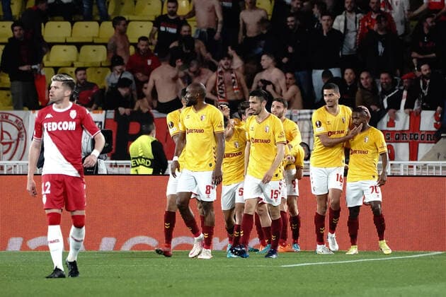 Joie Braga - Paulo Oliveira (Braga) - Vitor Tormena (Braga) - Rodrigo Gomes (Braga) FOOTBALL : AS Monaco vs Braga - 8 eme de finale retour Europa League - Monaco - 17 03 2022 NorbertScanella Panoramic 