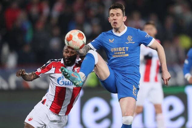 Rangers Ryan Jack and Guelor Kanga football Crvena zvezda Red star vs Glasgow Rangers UEFA Europa League match, Rajko Mitic stadium, Belgrade 17.03.2022. Photo: Marko Metlas MN PRESS MarkoxMetlas 