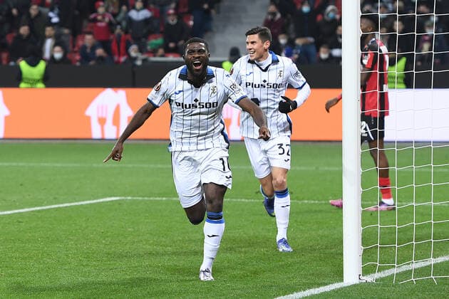 Soccer Europa League Round of 16 Bayer 04 Leverkusen Atalanta Bergamo on 17 03 2022 at the BayArena in Leverkusen Goal celebration for 0 1 by Jeremie Boga Bergamo xRx