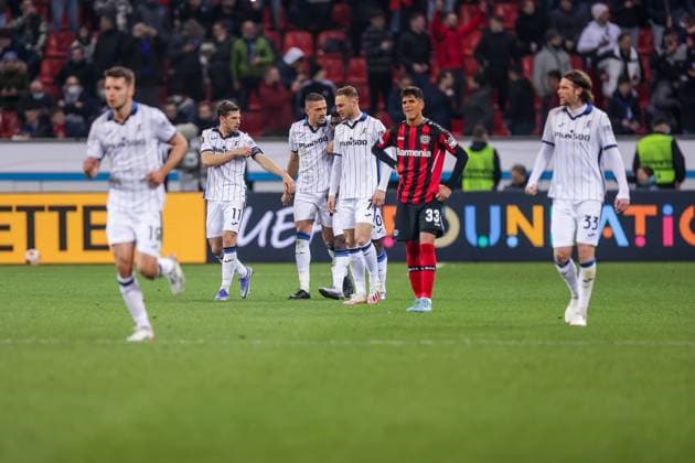 17 03 2022, Football, 2021 2022 season, UEFA Europa League, Round of 16, Second leg, Round 2 2, Bayer Leverkusen Atalanta Bergamo, Atalanta Bergamo players celebrate the goal to 0 1 by Jeremie Boga Atalanta Bergamo , Photo Dennis Ewert RHR PHOTO xRHR PHOTO DEx