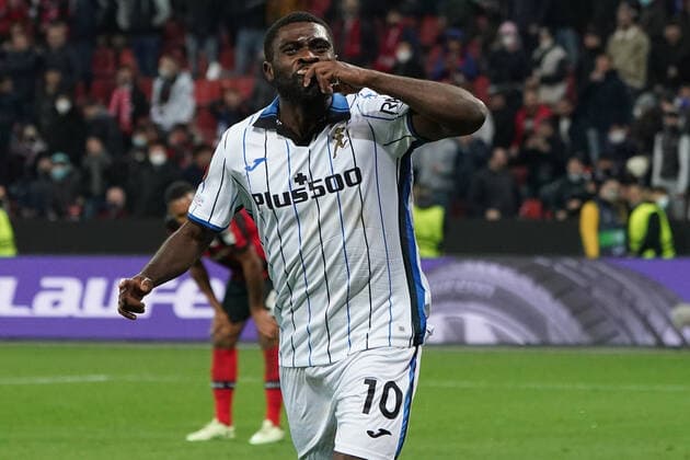 GER, UEFA EL Bayer 04 Leverkusen GER vs Atalanta Bergamo ITA 17 03 2022, BayArena, Leverkusen, Europalegue, group phase, matchday 5, GER, UEFA EL Bayer 04 Leverkusen GER vs Atalanta Bergamo ITA , in picture goal celebration cheer run, Jérémie Boga Bergamo 10 , after the 1 0 nordphotoxGmBHx xMeuter nph00351