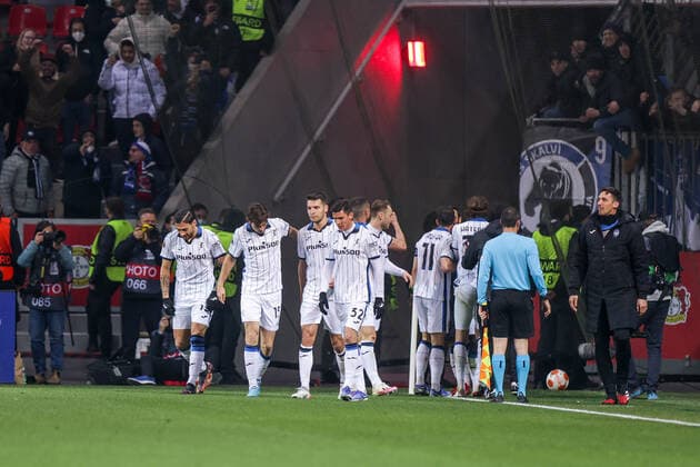 17 03 2022, Football, 2021 2022 season, UEFA Europa League, Round of 16, second leg, Round 2 2, Bayer Leverkusen Atalanta Bergamo, Atalanta Bergamo players celebrate the goal to 0 1 by Jeremie Boga Atalanta Bergamo , Photo Dennis Ewert RHR PHOTO xRHR PHOTO ENx
