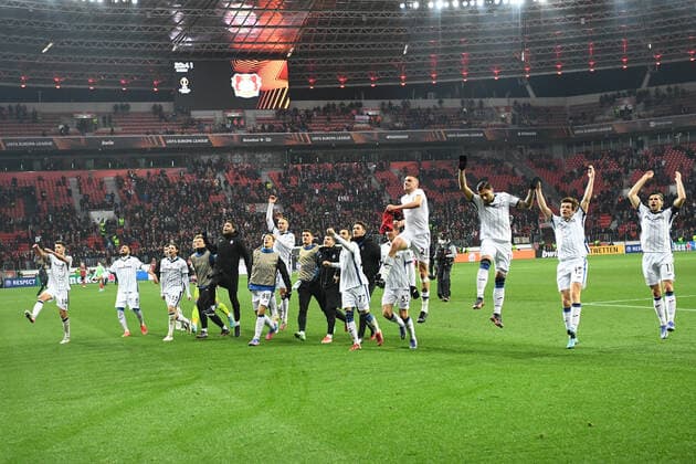 Leverkusen, Germany - 17 March 2022: Players of Atalanta celebrating won. The match of UEFA Europa League Bayer Leverkusen vs Atalanta Bergamo Copyright: xVITALIIxKLIUIEVx
