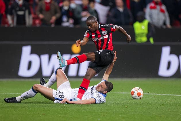 17 03 2022, Football, 2021 2022 season, UEFA Europa League, Round of 16, Second leg, Round 2 2, Bayer Leverkusen Atalanta Bergamo, f l Merih Demiral Atalanta Bergamo , Moussa Diaby Bayer 04 Leverkusen , Photo Dennis Ewert RHR PHOTO xRHR PHOTO DEx