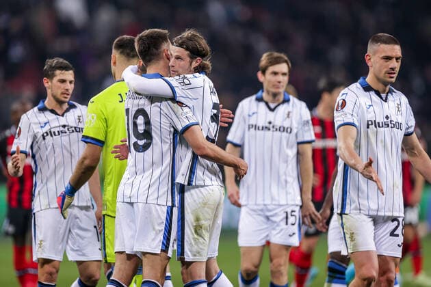 17 03 2022, Football, 2021 2022 season, UEFA Europa League, Round of 16, Second leg, Round 2 2, Bayer Leverkusen Atalanta Bergamo, f l Berat Djimsiti Atalanta Bergamo , Hans Hateboer Atalanta Bergamo , Merih Demiral Atalanta Bergamo , Photo Dennis Ewert RHR PHOTO xRHR PHOTO DEx