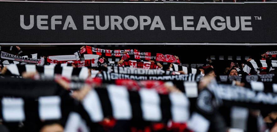 17 03 2022, xpsx, football UEFA Europa League, Eintracht Frankfurt Real Betis Sevilla v l fans spectators Europe Leaugue logo scarf DFL DFB REGULATIONS PROHIBIT ANY USE OF PHOTOGRAPHS as IMAGE SEQUENCES and or QUASI VIDEO emspor Frankfurt