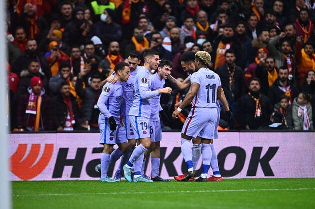 FC Barcelona, Barca players celebrates for Pedri s goal during the UEFA Europa League Round of 16 Leg Two match between Galatasaray and FC Barcelona at NEF stadium in Istanbul , Turkey on March 17, 2022. ( Photo: Seskimphoto ) 