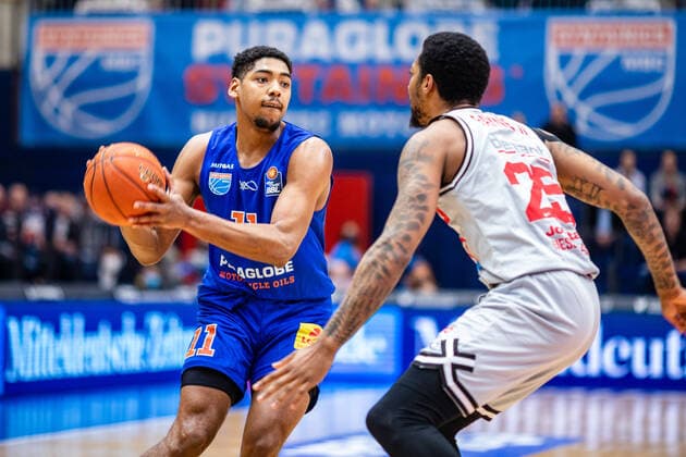 BB 1BL Syntainics MBC JobStairs Giessen 46er Kostja Mushidi Syntainics MBC , Phillip Darnell Fayne II 46er during the match Season 2021 2022 Men in the EasyCredit Bundesliga between Syntainics MBC and JobStairs Giessen 46er at Stadthalle Weissenfels on 17 March 2022 in Weissenfels, Sachsen Anhalt, Germany
