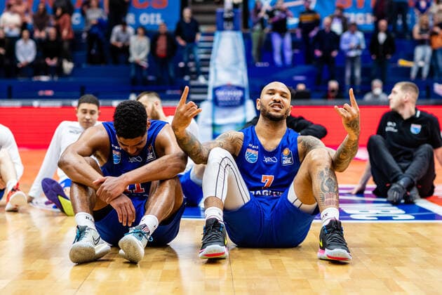 BB 1BL Syntainics MBC JobStairs Giessen 46er Kostja Mushidi Syntainics MBC and Sergio Kerusch Syntainics MBC after the victory during the match Season 2021 2022 Men in the EasyCredit Bundesliga between Syntainics MBC and JobStairs Giessen 46er at Stadthalle Weissenfels on 17 March 2022 in Weissenfels, Saxony Anhalt, Germany