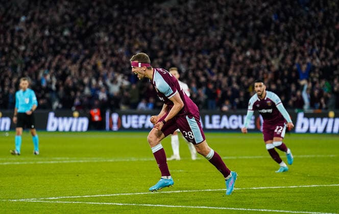 Mandatory Credit: Photo by Jed Leicester Shutterstock (12853355as) Tomas Soucek of West Ham United celebrates scoring the opening goal 1-0 West Ham United v Sevilla, UEFA Europa League, Round of 16, 2nd Leg, Football, The London Stadium, London, UK - 17 Mar 2022 West Ham United v Sevilla, UEFA Europa League, Round of 16, 2nd Leg, Football, The London Stadium, London, UK - 17 Mar 2022 Copyright: xJedxLeicester Shutterstockx 12853355as