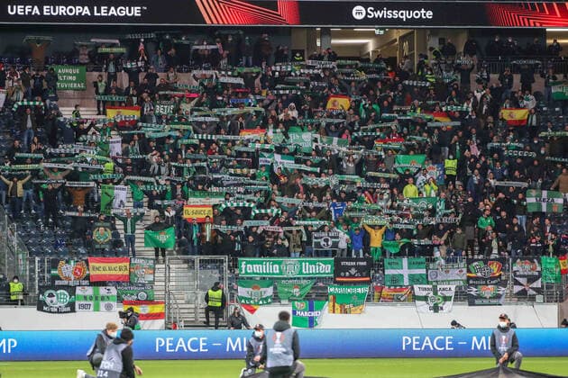 Europa League Round of 16 Eintracht Frankfurt Real Betis Sevilla on 17 03 2022 at Deutsche Bank Park in Frankfurt Betis Sevilla fans present a parade of scarves in the guest block Gaesteblock UR