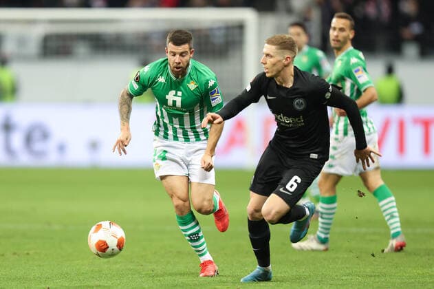 Eintracht Frankfurt Real Betis Sevilla, UEFA Europa League Aitor Ruibal Betis Sevilla, 24 vs Kristijan Jakic Eintracht Frankfurt, 6 UEFA Europa League Round of 16 second leg match between Eintracht Frankfurt and Real Betis Sevilla on 13 March 2022 at Deutsche Bank Park in Frankfurt am Main , Frankfurt am Main Hesse Germany Deutsche Bank Park