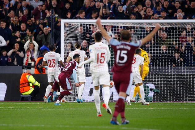 West Ham United v Sevilla UEFA Europa League Tomas Soucek of West Ham United celebrates scoring his sides 1st goal during the UEFA Europa League Round of 16 Second Leg match at the London Stadium, Stratford Content Not Available For UK Newspapers Copyright: xPaulxChestertonx FIL-16673-0004