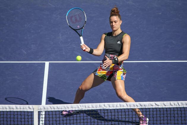 INDIAN WELLS, CA - MARCH 17: Maria Sakkari (GRE) hits a volley during quarterfinal round of the BNP Paribas Open on March 17, 2022 at Indian Wells Tennis Garden in Indian Wells, CA. (Photo by George Walker Icon Sportswire) TENNIS: MAR 17 BNP Paribas Open Icon220317030