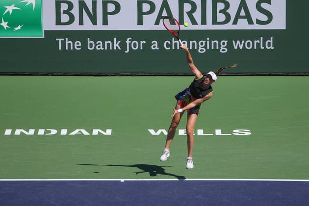 INDIAN WELLS, CA - MARCH 17: Elena Rybakina (KAZ) serves during quarterfinal round of the BNP Paribas Open on March 17, 2022 at Indian Wells Tennis Garden in Indian Wells, CA. (Photo by George Walker Icon Sportswire) TENNIS: MAR 17 BNP Paribas Open Icon220317034
