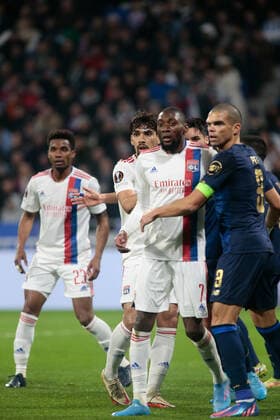Karl Toko Ekambi of Olympique Lyonnais and Pepe of Fc Porto during the UEFA Europa League, Round of 16, 2nd leg football match between Olympique Lyonnais (Lyon) and FC Porto on March 17, 2022 at Groupama stadium in Decines-Charpieu near Lyon, France  Copyright: xNderimxKacelix xipa-agency.netx xx 0