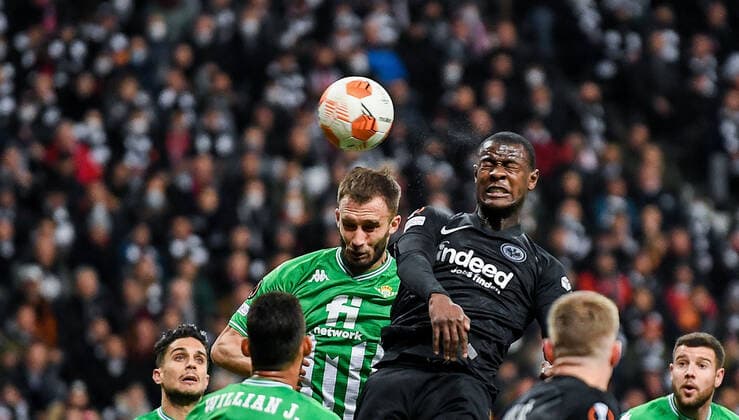 17 03 2022, xpsx, football UEFA Europa League, Eintracht Frankfurt Real Betis Sevilla v l Guido Rodriguez Real Betis Sevilla , Evan Ndicka N Dicka NÂ Dicka Eintracht Frankfurt DFL DFB REGULATIONS PROHIBIT ANY USE OF PHOTOGRAPHS as IMAGE SEQUENCES and or QUASI VIDEO emspor Frankfurt