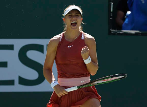 March 17, 2022 Paula Badosa of Spain celebrates winning a game against Veronika Kudermetova of Russia during the 2022 BNP Paribas Open at Indian Wells Tennis Garden in Indian Wells, California. Mandatory Photo Credit: CSM. Indian Wells United States of America - ZUMAc04_ 20220317_zaf_c04_021 Copyright: xCharlesxBausx