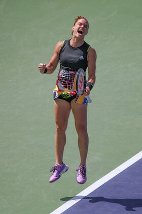 INDIAN WELLS, CA - MARCH 17: Maria Sakkari (GRE) celebrates after winning during the quarterfinal round of the BNP Paribas Open on March 17, 2022 at Indian Wells Tennis Garden in Indian Wells, CA. (Photo by George Walker Icon Sportswire) TENNIS: MAR 17 BNP Paribas Open Icon220317040