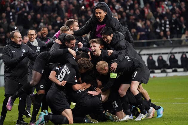 Joy at Eintracht Frankfurt over the goal to 1 1 by Martin Hinteregger Eintracht Frankfurt Frankfurt 17 03 2022 Eintracht Frankfurt vs Betis Sevilla, UEFA Europa League, Round of 16