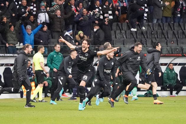Victory jubilation Eintracht Frankfurt after 1 1 and qualification to the quarterfinals Frankfurt 17 03 2022 Eintracht Frankfurt vs Betis Sevilla, UEFA Europa League, Round of 16