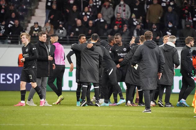 Victory jubilation Eintracht Frankfurt after 1 1 and qualification to the quarterfinals Frankfurt 17 03 2022 Eintracht Frankfurt vs Betis Sevilla, UEFA Europa League, Round of 16