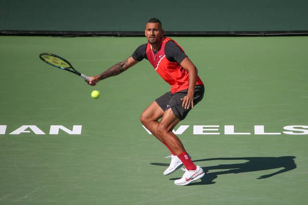 INDIAN WELLS, CA - MARCH 17: Nick Kyrgios (AUS) hits a forehand during the quarterfinal round of the BNP Paribas Open on March 17, 2022 at Indian Wells Tennis Garden in Indian Wells, CA. (Photo by George Walker Icon Sportswire) TENNIS: MAR 17 BNP Paribas Open Icon220317090