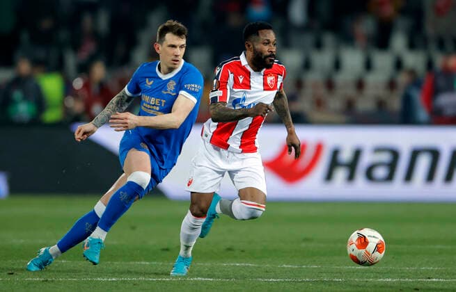 (220318) -- BELGRADE, March 18, 2022 -- Red Star Belgrade s Guelor Kanga (R) vies with Glasgow Rangers Ryan Jack during the UEFA Europa League round of 16 second leg football match between Red Star Belgrade (Crvena Zvezda) and Glasgow Rangers in Belgrade, Serbia, March 17, 2022. (Photo by Xinhua) (SP)SERBIA-BELGRADE-UEFA-EUROPA LEAGUE-RED STAR VS RANGERS PredragxMilosavljevic 