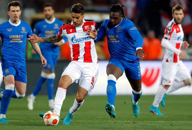 (220318) -- BELGRADE, March 18, 2022 -- Red Star Belgrade s Ohi Omoijuanfo (L, front) vies with Glasgow Rangers Calvin Bassey during the UEFA Europa League round of 16 second leg football match between Red Star Belgrade (Crvena Zvezda) and Glasgow Rangers in Belgrade, Serbia, March 17, 2022. (Photo by Xinhua) (SP)SERBIA-BELGRADE-UEFA-EUROPA LEAGUE-RED STAR VS RANGERS PredragxMilosavljevic 