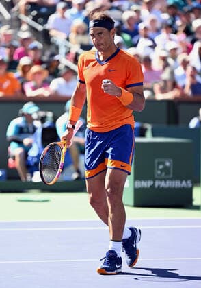 INDIAN WELLS, CA - MARCH 17: Rafael Nadal of Spain reacts after winning a point in a tennis match played on March 17, 2022 during the BNP Paribas Open at the Indian Wells Tennis Garden in Indian Wells, CA. (Photo by John Cordes Icon Sportswire) TENNIS: MAR 17 BNP Paribas Open Icon506220317206