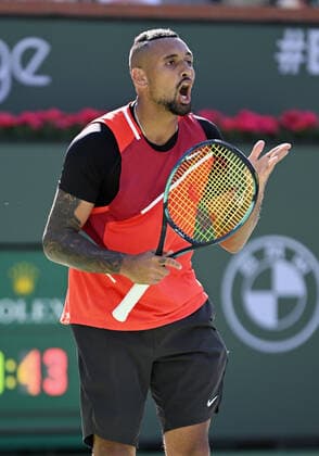 INDIAN WELLS, CA - MARCH 17: Nick Kyrgios of Australia yelling out after losing a point in a tennis match played on March 17, 2022 during the BNP Paribas Open at the Indian Wells Tennis Garden in Indian Wells, CA. (Photo by John Cordes Icon Sportswire) TENNIS: MAR 17 BNP Paribas Open Icon506220317217