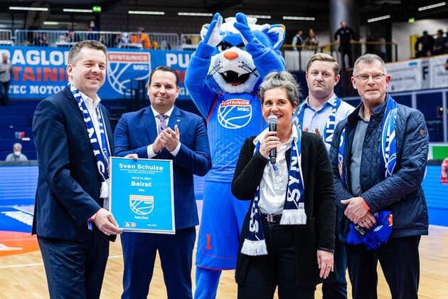 BB 1BL Syntainics MBC JobStairs Giessen 46er Sven Schulze becomes member of the advisory board of Syntainics MBC during the match season 2021 2022 men in the EasyCredit Bundesliga between Syntainics MBC and JobStairs Giessen 46er at Stadthalle Weissenfels on 17 March 2022 in Weissenfels, Saxony Anhalt, Germany