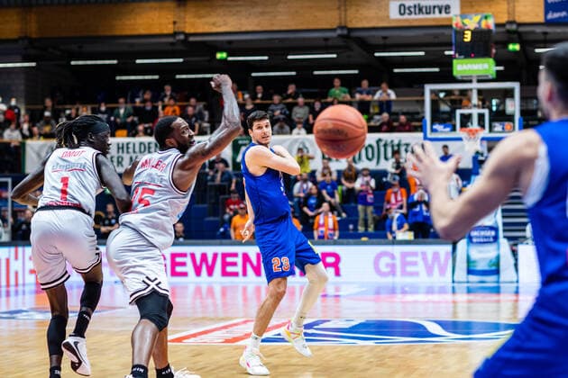 BB 1BL Syntainics MBC JobStairs Giessen 46er Gorna Huskic Syntainics MBC during the match season 2021 2022 men in the EasyCredit Bundesliga between Syntainics MBC and JobStairs Giessen 46er at Stadthalle Weissenfels on 17 March 2022 in Weissenfels, Sachsen Anhalt, Germany