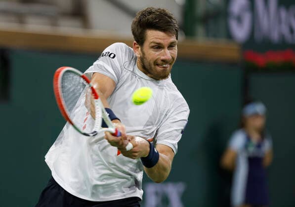 March 17, 2022 Cameron Norrie of Great Britain returns a shot against Carlos Alcaraz of Spain during the quarterfinals of the 2022 BNP Paribas Open at Indian Wells Tennis Garden in Indian Wells, California. Mandatory Photo Credit: CSM. Indian Wells United States of America - ZUMAc04_ 20220317_zaf_c04_148 Copyright: xCharlesxBausx
