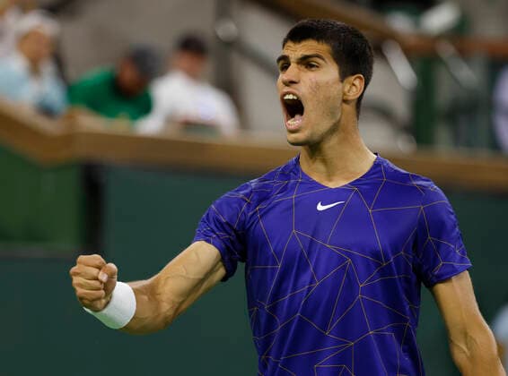 March 17, 2022 Carlos Alcaraz of Spain reacts to winning a point against Cameron Norrie of Great Britain during the quarterfinals of the 2022 BNP Paribas Open at Indian Wells Tennis Garden in Indian Wells, California. Mandatory Photo Credit: CSM. Indian Wells United States of America - ZUMAc04_ 20220317_zaf_c04_168 Copyright: xCharlesxBausx